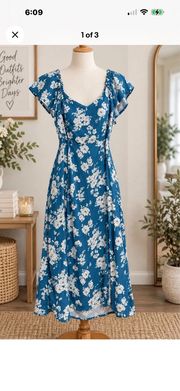 Old Navy Women’s Midi Dress Cottage Core Sz M Blue White Floral Square Neck